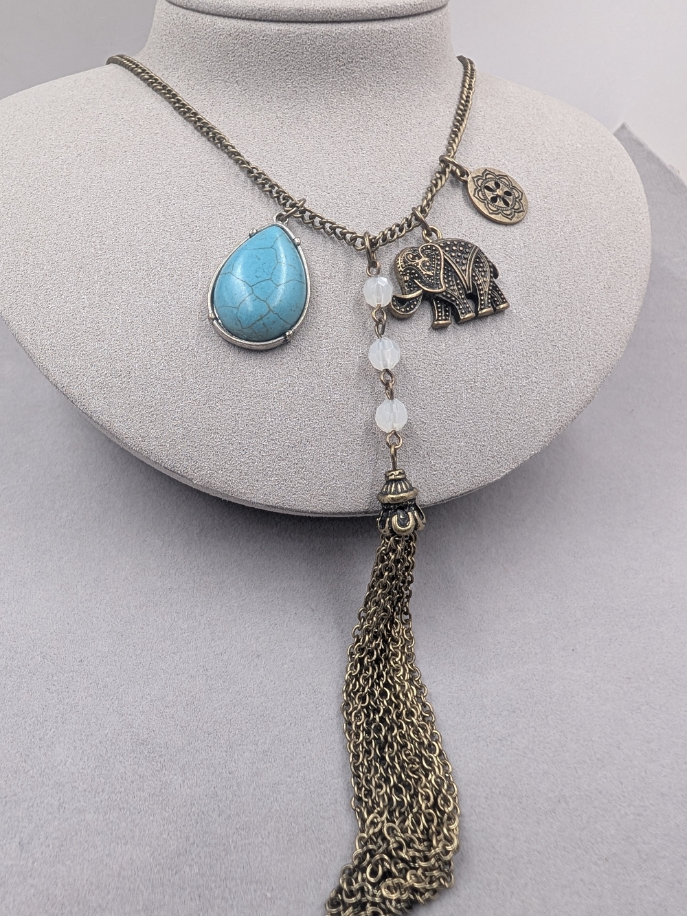 Boho Elephant Turquoise Tone Stone Tassel Statement Necklace 0810